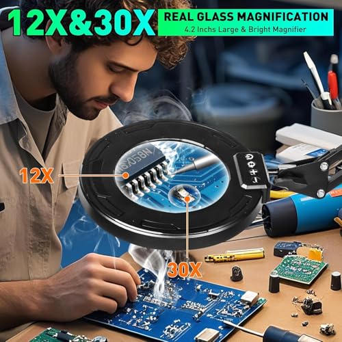 12X 30X Magnifying Glass with Light and Clamp, Soldering Helping Hand - color: Black, size: 12X 30X