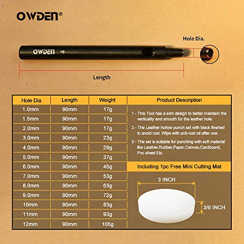 OWDEN Professional 13 Pcs Leather Hole Punch Set, Slim Style.1.0-12MM
