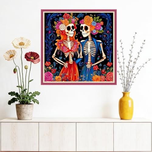 Dooxvey Counted Cross Stitch Kits for Adults 11CT Printed Cross-Stitch Patterns Cross Stitching Embroidery Kit Stamped or Counted Needlepoint Kits-Skeleton Couple 18×18 inch - color: ColorDIY11