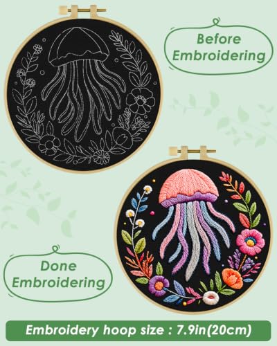 ERKOON Embroidery Kit for Beginners Adult, Cross Stitch Set Include Embroidery Cloth Hoop Threads for Craft Lover Hand Stitch with Embroidery Skill Techniques (Jellyfish) - color: Jellyfish