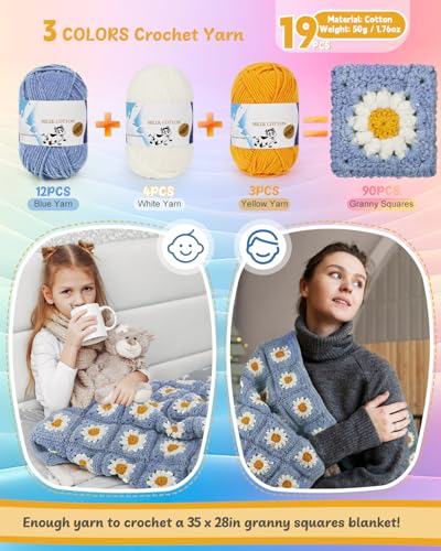 Coopay Crochet Kit for Beginners, Granny Square Blanket Kit, Blue-Purple - color: Blue-purple - Daisy