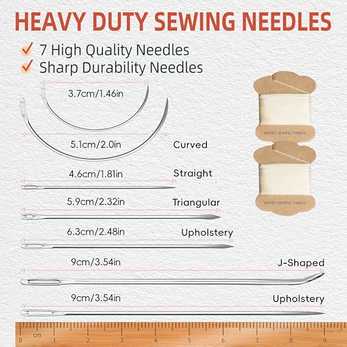 Upholstery Repair Kit: Extra Strong Waxed Sewing Thread 2 Rolls (Beige Color) &Heavy Duty Household Hand Needles (7 PCS) for Leather, Canvas, Bookbinding & Quilting Thread - color: Beige Color