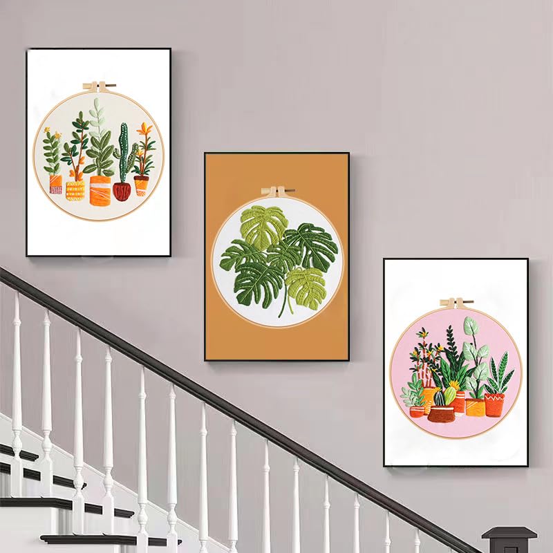 Konrisa Embroidery Kits for Adults Beginner, European Style Garden Plant Green Leaf Stamped Embroidery Starter Kit,DIY Sewing Practice, Needlepoint Cross Stitch Kit,Set of 3 - color: green plant