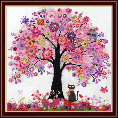 Findvoor Counted Cross Stitch Kits for Adults Full Range of Cross Stitching Embroidery Unprinted Pattern for Beginners, 11CT Needlepoint Cross-Stitch Patterns Embroidery Kits-Flower Cat 18×18 inch - color: ColourSet08