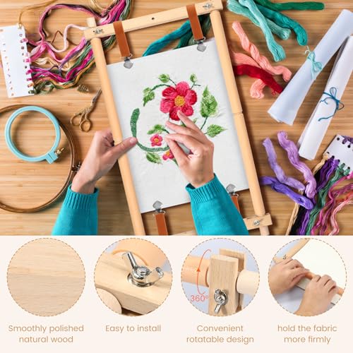 kjcbkcb Embroidery Scroll Frame, Wooden Cross Stitch Frame with Clips, Rotated Needlepoint Embroidery Tapestry Scroll Frame, Adjustable Needlepoint Stretcher Frame for Embroidery（12 x 21inch）