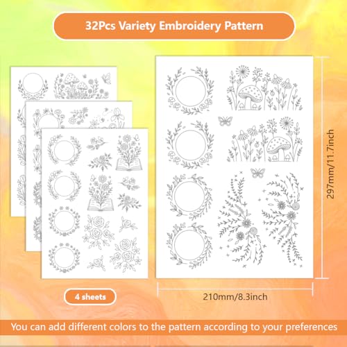 ORIGACH 4 Sheets Plant Themed Water Soluble Embroidery Patterns Stabilizers - Pre-Printed Flower Wreath & Bush Patterns Designs - Stick & Stitch Embroidery Paper for Hand Sewing Lovers - color: Flower Wreath & Bush