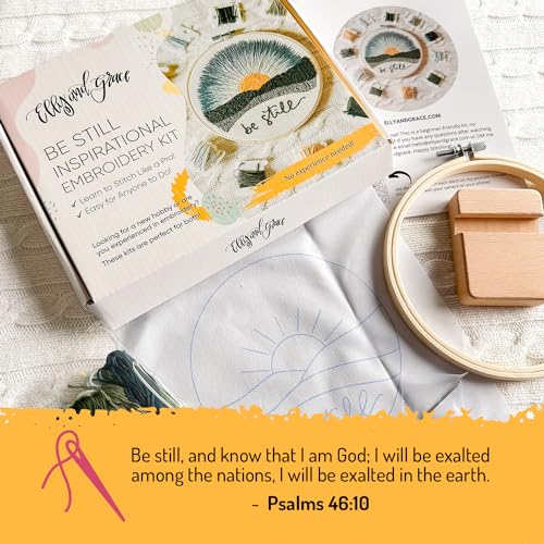 Elly & Grace Christian Embroidery Kit with Embroidery Hoop, Easy Embroidery Kit for Beginners and Adults, Full Embroidery Hoop Kit with Needles and Thread Included (Be Still) - style: Be Still