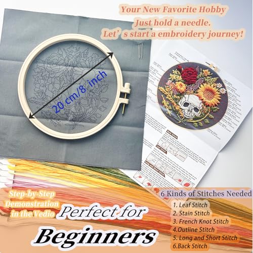 FONNUY Floral Embroidery Kit for Beginners, Colorful Flowers Pre-Stamped Pattern Kits for Adults with Hoop, Thread Needlework, 8'' Hoop (Skull) - color: Skull