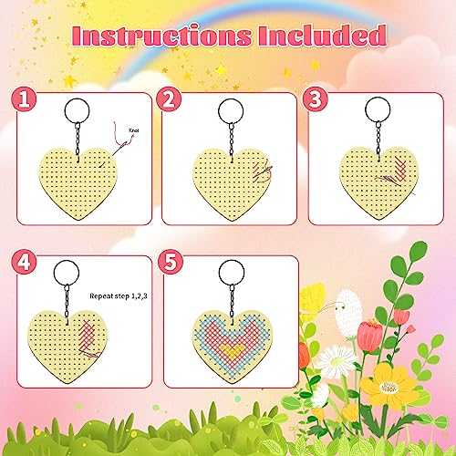 VKPI Wooden Cross Stitch Kits for Kids, Make Your Own 6 Cross Stitching Keyrings, Wood Sewing Kit, Arts & Crafts Stars, Hearts Ornaments, Plastic Needle Embroidery Kit for Beginners, Girls, 6-13 - color: Star & Heart