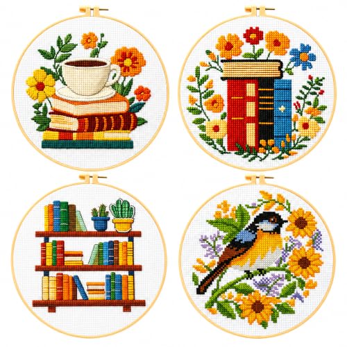 Zhenqing 4 Pack Book Lover Stamped Cross Stitch Kit for Beginners - color: 4 cozy book, flower and bird