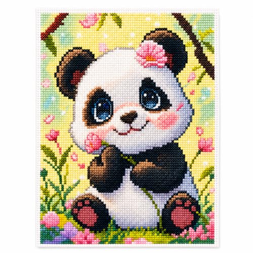 Zhenqing Panda Stamped Cross Stitch Kit for Beginners, 11CT Printed Full Coverage Cute Panda with Pink Flowers Pattern, 38 x 48 cm DIY Animal Embroidery Needlework Set, No Hoop Needed - color: Panda