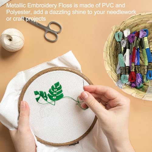 12 Skeins Embroidery Floss, Green Metallic Embroidery Thread Polyester Cross-Stitch Threads for Hand Embroidery String Art DIY Creation - color: Green