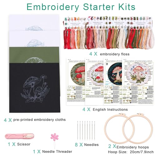 Harimau Adult Beginner Embroidery Starter Kit, Complete Set with 4 Patterns, 2 Hoops, Needles, Scissors, Instruction Guide & Stitching Video Tutorials - color: Mushroom2 pattern