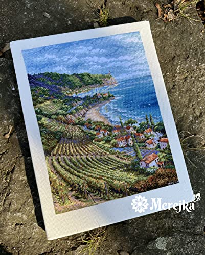 Merejka Counted Cross Stitch Kit for Adults — Coastline View (K-226) — Zweigart 16-Count Ecru Aida, DMC Mouliné Threads, John James Needle — 40 Colors — 33.5x25 cm (13.2x9.8 inches)