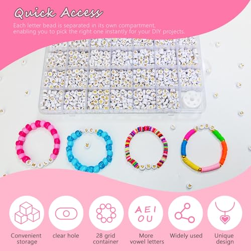 Looconi 1400pcs Letter Beads A-Z 4x7mm White On Gold Round Acrylic Alphabet Heart Beads and Beading Cord for Jewelry Making Bracelets Necklaces Key Chains - color: White&Gold, size: 7x4mm