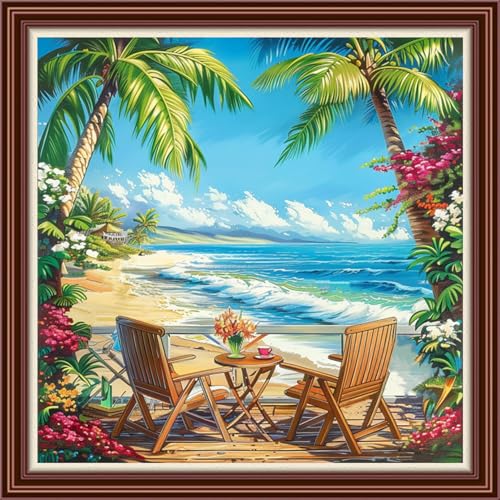 Dimensean Counted Cross Stitch Kit for Beginners, 11CT Unprinted Cross-Stitch Kit Easy Patterns Needlepoint Kit Cross Stitching Embroidery Kit Supplies-Resting Under Coconut Trees Seaside 18x18 inch - color: DIYColor45