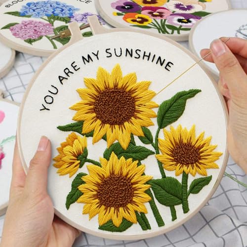 Nuberlic 3 Pack Embroidery Kit for Beginners, Floral Cross Stitch Kit - color: floral