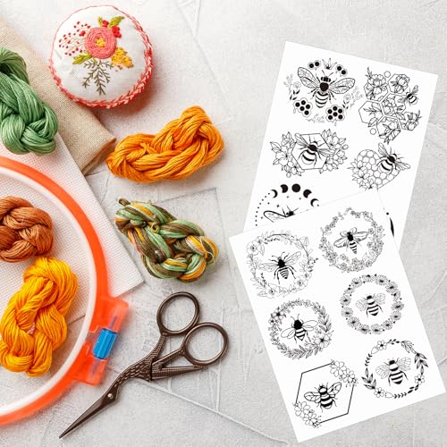 Rngmsi Water Soluble Embroidery Patterns - 2 Sheets Flower Design Stick and Stitch Papers Wash Away 12 Pcs Bee Embroidery Transfer Patterns Stabilizers for Hand Sewing - color: Bee