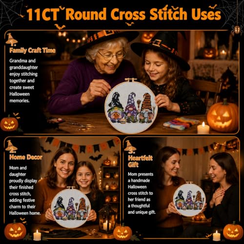 VIGEGU Gnome Stamped Cross Stitch Kits for Adults Beginners with Hoop Frame - color: Halloween Gnome Cross Stitch with Framed