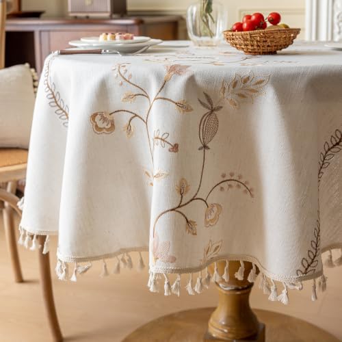 Joyfol Day Rustic Round Table Cloth, Heavy Duty Linen Florals Embroidery Tablecloths, Farmhouse Waterproof Tablecloth, Wrinkle Free Table Cover with Tassels, Coffee Berry, 55 inch - color: Coffee Berry, size: 55" (Round)