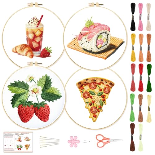 BEUNITONE 4 Set Strawberry Embroidery Kit with Hoops for Adult Beginners - style: D-Food
