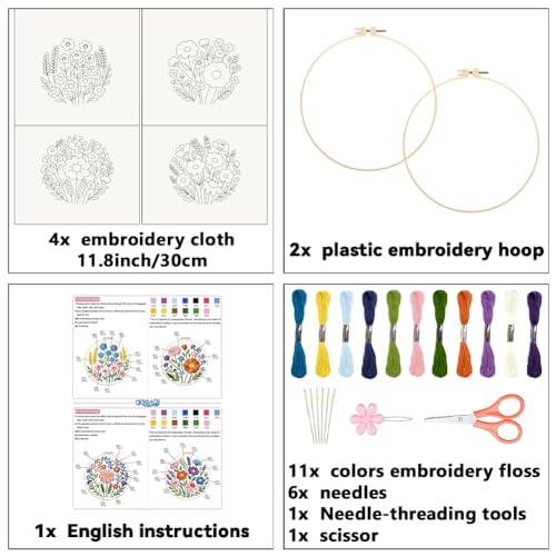 ORIGACH 4 Pack Easy Flower Embroidery Kit for Beginners - style: Easy Flower