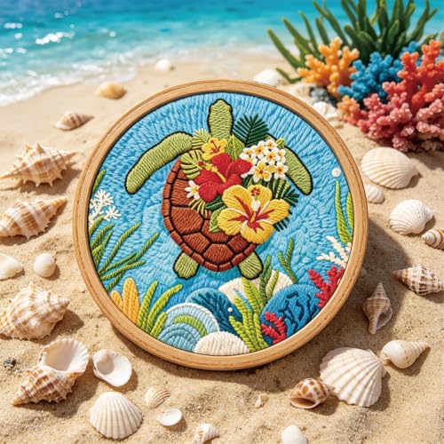 BEUNITONE 2PCS Punch Needle Kits with Sea Turtle Pre-Print Pattern Easy for Beginners, DIY Craft Embroidery Needlepoint Kits for Adults with Hoop Punch Needle Set for Craft Lovers Home Decor 7.9x7.9 - color: 09-Sea turtle