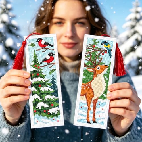 ACRNIGHEET 6PCS Cross Stitch Bookmark Kit (Winter Forest Pattern) - style: Winter Forest with Tassel