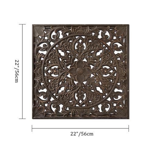 XIAOAIKA Boho Carved Wood Wall Art Panel, Floral Mandala, Distressed Brown - color: Distressed Brown