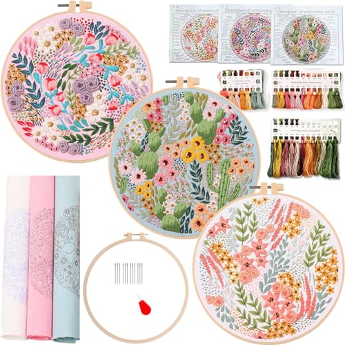 Smart-Feather 3 Pcs Flower Embroidery kit for Beginners, Embroidery Stitch Practice Kits for Adults with Hoop, DIY Art Project Craft Kit (Flower Stitches), size:b - style: Flower Stitches