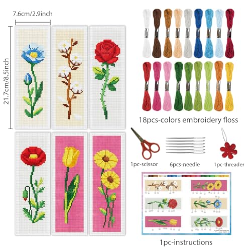 INFUNLY 6PCS Cross Stitch Bookmark Kit for Adults Rose Tulip Stamped Embroidery Bookmark Kit with Backing Felt Floss Instruction for Book Lovers Readers - style: Single Flower