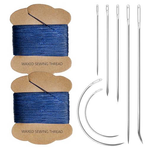Upholstery Repair Kit: Extra Strong Waxed Sewing Thread 2 Rolls (Dark Blue) &Heavy Duty Household Hand Needles (7 PCS) for Leather, Canvas, Bookbinding & Quilting Thread - color: Dark Blue