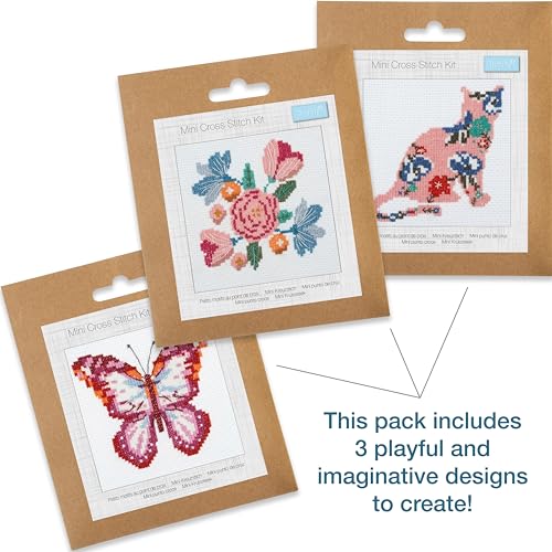 Trimits 3PK Cross Stitch Bundle – Counted Embroidery Kit, Beginner & All Level Starter Set, Complete with Instructions & Thread Children Wall Home DIY Décor – 13x13cm – Butterfly, Cat, Flowers - style: Butterfly, Cat, Flowers