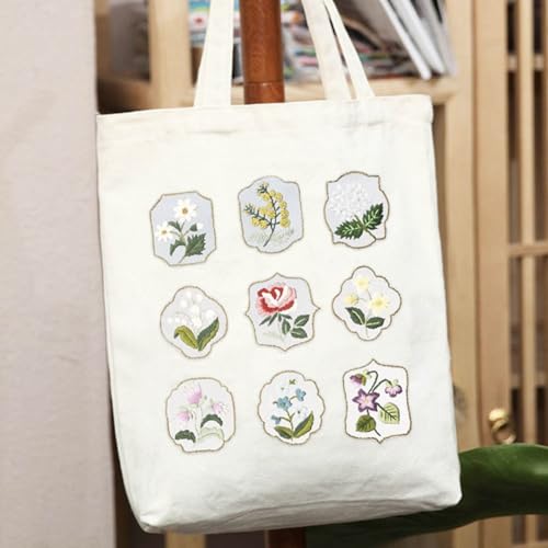 Yangshine Canvas Tote Bag Embroidery Kit with Pattern, Cross Stitch Kits for Beginners, Adults Arts Crafts Needlepoint Kit Include Embroidery Bag, Hoop and Instruction (Beige Bag, Flower #2) - color: Beige Bag, Flower #2