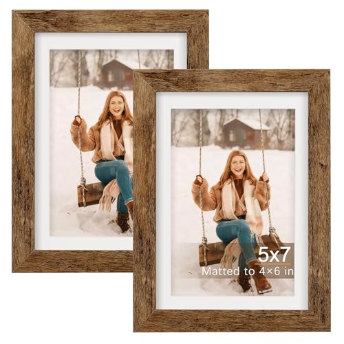 TOFOREVO 5x7 Picture Frames with 4x6 Mat Set of 2, Rustic Brown - color: Rustic Wood, size: 5x7
