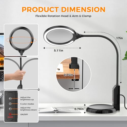 15X Magnifying Glass with Light and Stand, 5-Color & 10 Lightness Level - color: Black