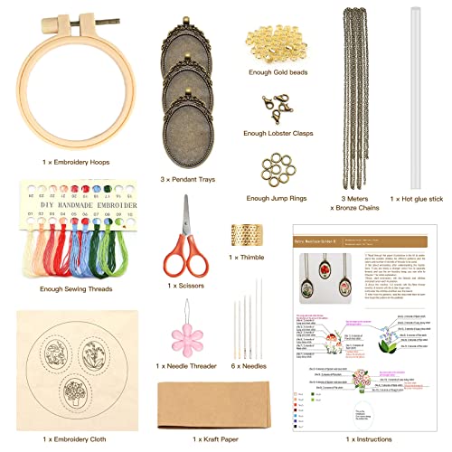 ZOCONE 3 Packs Embroidery Necklace Kit, Embroidery Pendant Kits Mini Cross Stitch Kit with Hoop, Necklace, Pendant, Beads, Stamped Pattern Cloth, Instructions, etc., Embroidery Kits for Adults - color: Gold Beads-F