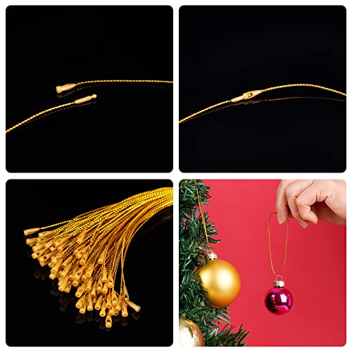 100 Pieces Round Christmas Ornament Caps and Ornament Hangers String Set - color: Gold