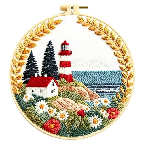 Zhenqing Lighthouse Embroidery Kit for Beginners, Pre-Printed 29x29cm Fabric with 20cm Hoop & Threads, Coastal Lighthouse Scene for Home Decor(C0195)