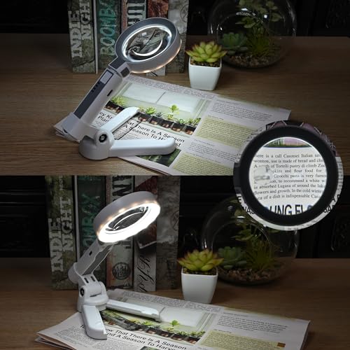 TECHSHARE 6X Rechargeable Magnifying Glass with 16 LED Light, Foldable Handheld Stand, Lightweight LED Magnifier for Reading Books/Newspaper/Small Print, Gifts for Mom Dad Grandma Grandpa Seniors - size: 6X-11.5X
