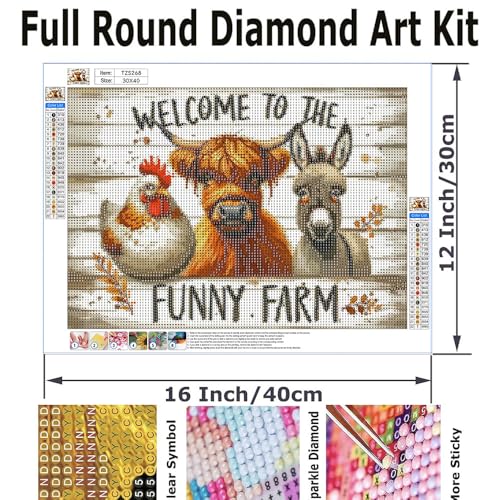 WCHUIMM Farm Diamond Art Kits for Adults Animals- Chicken Cow Donkey - Diamond Painting Kits for Beginner, 5D Round Full Drill Diamond Dots Crafts for Home Wall Decor 16x12 Inch - color: Farm