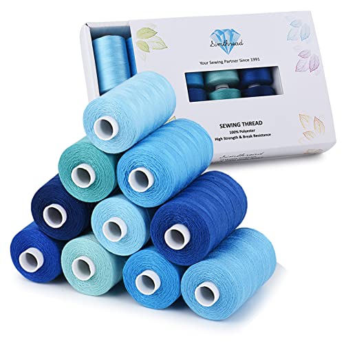 Simthread All Purpose Sewing Thread, 10 Spool Assorted Blue Series 1000 Yards Each Bobbin Polyester Thread for Sewing, Handy Polyester Sewing Threads for Sewing Machine - (Denim Color Series) - color: denim color series
