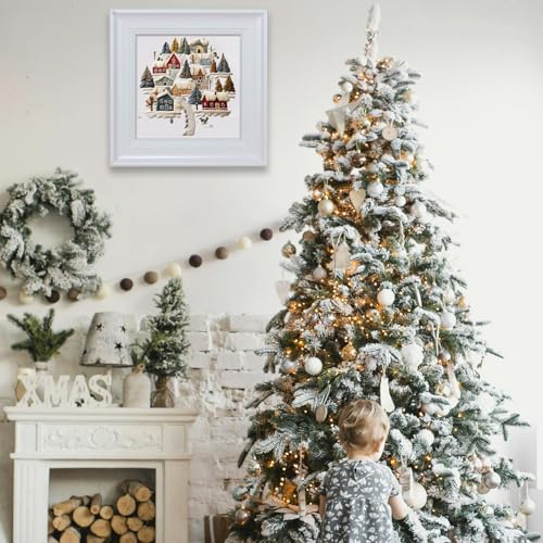 FONNUY Crewel Christmas Embroidery Kit for Beginners, Cross Stitch Set Winter Snow Scene Pine Owl Pattern for Adults, Easy to Follow Color Thread Needlework, 8'' Hoop (Tree and House 1) - style: Tree and House 1