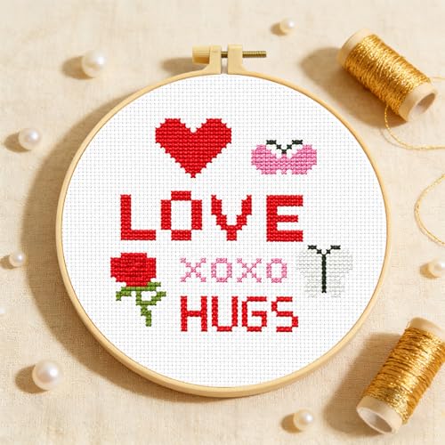 Zhenqing Love & Hugs Cross Stitch Kit for Beginners, 11CT Printed 20x20cm with 16cm Hoop, Heart Rose & Butterfly Embroidery Set(70839) - color: Love & Hugs