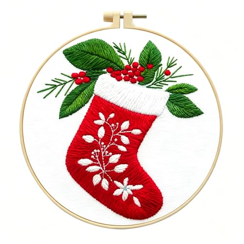 Zhenqing Christmas Stocking Embroidery Kit for Beginners, Red Stocking Needlework Kit with Pre-Printed Fabric, Hoop, Threads & Tools (C0035) - style: Classic Christmas Stocking