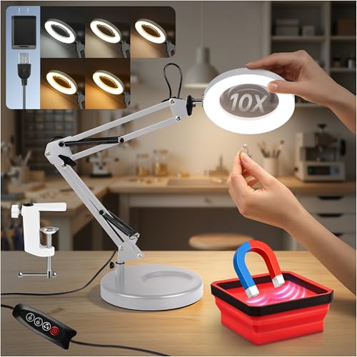 10X Magnifying Lamp - Desk Magnifying Glass with Light, Lighted Magnifying Glass with Stand, Magnifying Light, 5 Color Modes, 2 Mounting Options, USB Cable, Adapter & Magnetic Tray, White - color: White