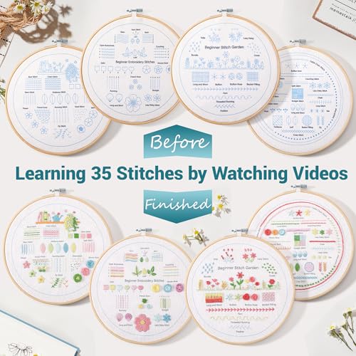 VIVIDOX 4 Sets Embroidery Kit for Beginners Adults, 35 Stitches Practice Kits Cross Stitch for Starter, DIY Hand Craft with Stamped Pattern, Bamboo Hoop, Threads, Needles, Scissors, Tools, Instruction - color: 35 Stitches Practice Kit (with 1 Hoop)