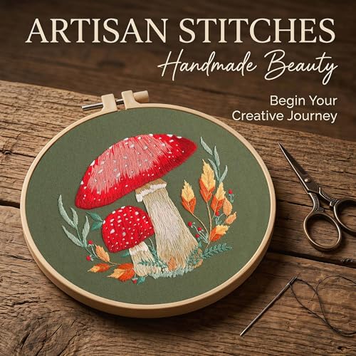 Harimau Adult Beginner Embroidery Starter Kit, Complete Set with 4 Patterns, 2 Hoops, Needles, Scissors, Instruction Guide & Stitching Video Tutorials - color: Mushroom2 pattern