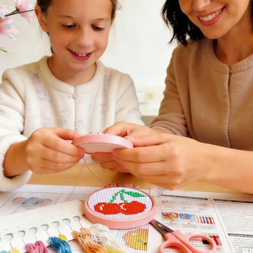 VIGEGU 8 Pack Fruit Stamped Cross Stitch Kits for Kids Beginners with Frame - color: Fruit