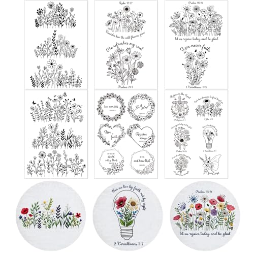 Water Soluble Embroidery Patterns Stabilizers, 6 Sheets Floral Stick and Stitch Embroider Paper Wash Away, Pre-Printed Bible Verses Flower Transfer Paper DIY Gifts for Hand Sewing Lovers Beginners - size: Bible Flower B